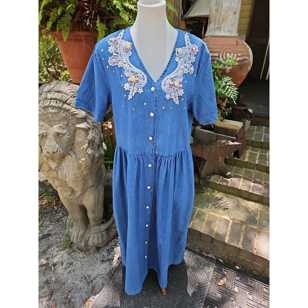 VTG Denim Maxi Dress LACE RHINESTONE PEARLS Country Wear Chambray Prairie 90s LG